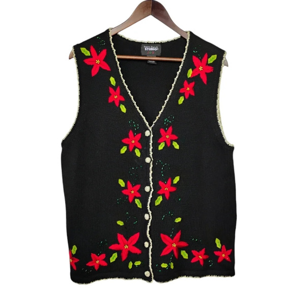 Vintage Designers Studio Originals Christmas Poinsettia Embroidered Sweater Vest - Picture 9 of 9